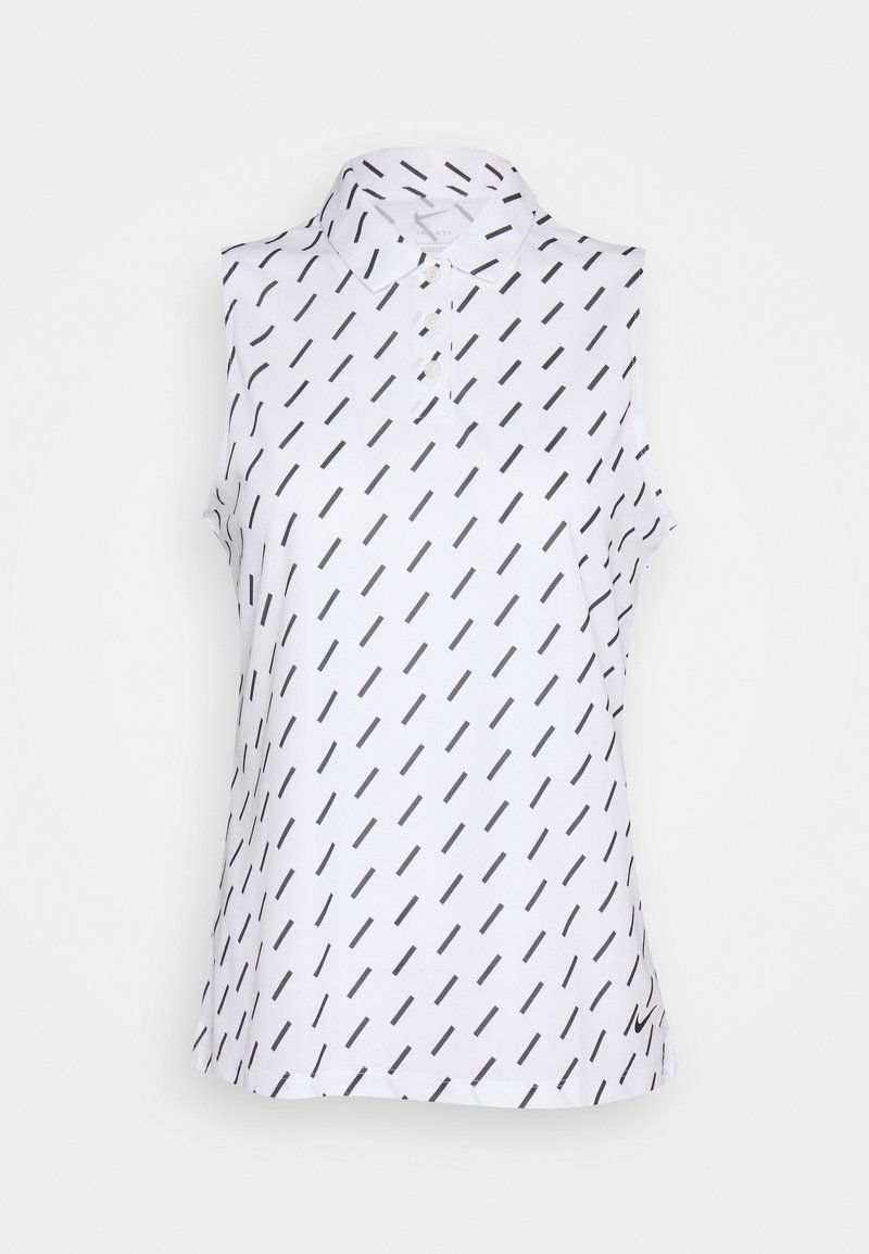 Polo blanc sans manches avec un motif en traits diagonaux noirs et trois boutons sur le devant sur un fond uni.