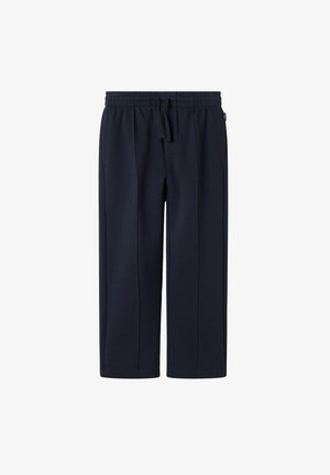 Marineblauwe sweatpants van zachte stof met een elastische tailleband, trekkoord en zijzakken. Rechte snit met een gladde textuur.