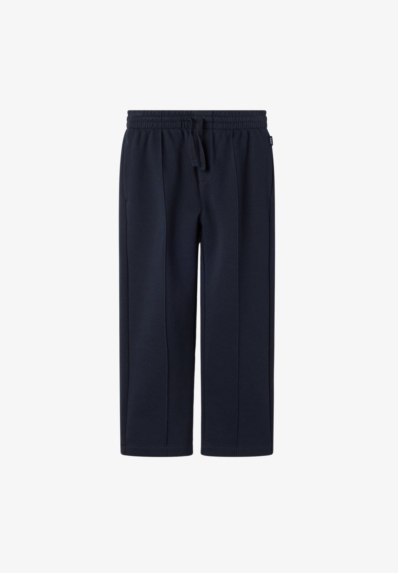 Marineblauwe sweatpants van zachte stof met een elastische tailleband, trekkoord en zijzakken. Rechte snit met een gladde textuur.