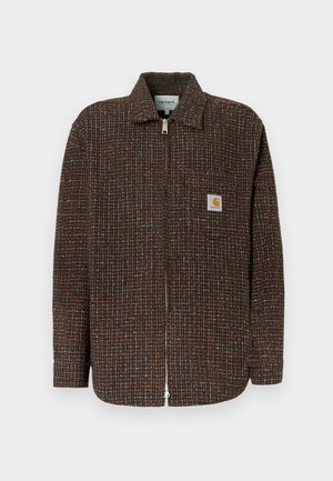 Brązowa kurtka w kratkę z niebieskimi i pomarańczowymi akcentami, z pełnym zapięciem na zamek, długimi rękawami oraz kieszenią na piersi z naszywką logo.