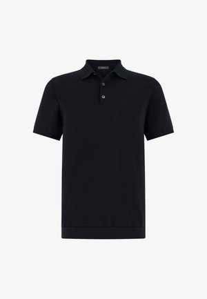 Polo noir à manches courtes avec col et patte à deux boutons, poignets et ourlet côtelés, présenté sur fond blanc.