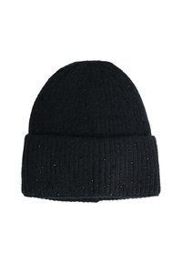 Berretto in maglia a coste nere con risvolto e piccole macro texture sparse.