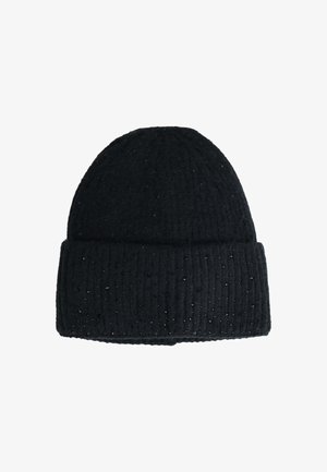 Berretto in maglia a coste nere con risvolto e piccole macro texture sparse.
