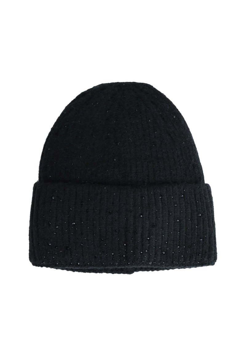 Berretto in maglia a coste nere con risvolto e piccole macro texture sparse.