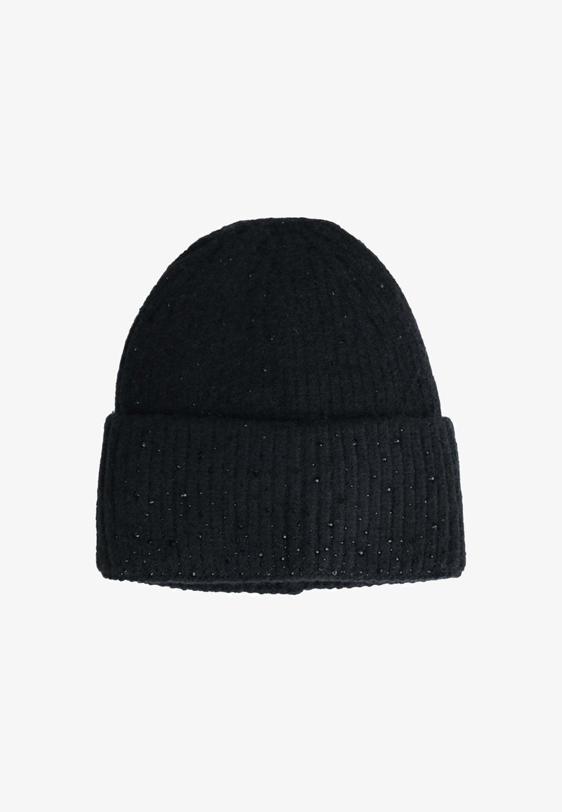 Berretto in maglia a coste nere con risvolto e piccole macro texture sparse.