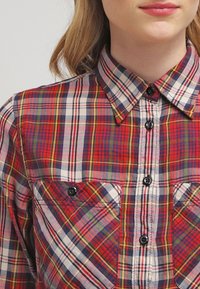 Camicia a scacchi rossa con bottoni, dotata di colletto classico, due tasche sul petto con chiusura a bottone e accenti blu e gialli a contrasto nel motivo.