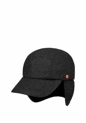 Dark gray winter cap with ear flaps and a short brim, featuring a small round metal logo on the side.