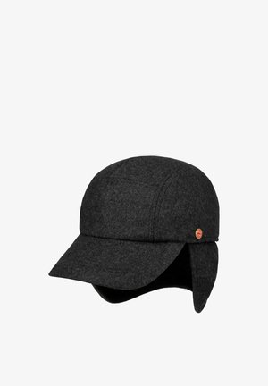 Dark gray winter cap with ear flaps and a short brim, featuring a small round metal logo on the side.