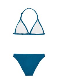 Set di bikini turchese composto da un top triangolare e uno slip da bikini. Presenta un tessuto texturizzato e spalline regolabili con chiusura a gancio.