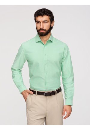 Mand med mørkt hår og skæg iført en lysegrøn skjorte med knapper, beige bukser og sort bælte, stående med hånden i lommen.