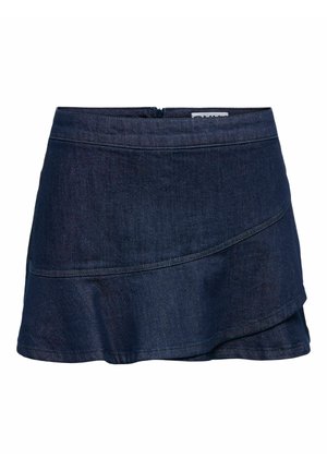 Sötétkék farmer miniszoknya aszimmetrikus réteges szegéllyel és hátul cipzáras záródással.
