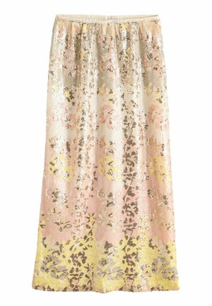 Long skirt with elastic waistband, covered in pink, yellow, and beige floral sequins on a sheer fabric.