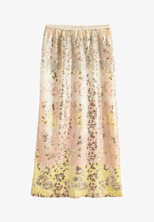 Dlouhá sukně s elastickým pasem, pokrytá růžovými, žlutými a béžovými květinovými flitry na průsvitné látce.