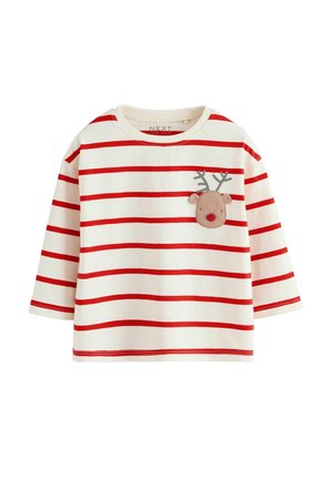 Rot-weiß gestreiftes Langarmshirt aus weichem Stoff mit einem Rentier-Applikation auf der Brust. Runder Halsausschnitt und lässige Passform.