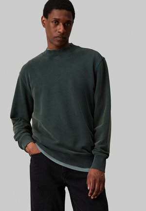 Sudadera verde oscuro con cuello redondo, puños acanalados y dobladillo. Hecha de material suave con una textura ligeramente desgastada. Combinada con pantalones negros.