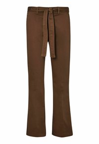 Pantaloni larghi marroni in cotone, dotati di una cintura legata in vita e linee pulite senza ulteriori motivi o embellishments.