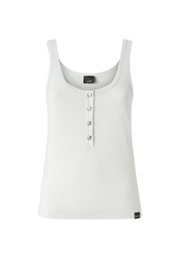 Canotta grigia chiaro a coste con scollatura rotonda, caratterizzata da una patta con quattro bottoni e un'etichetta logo all'orlo.
