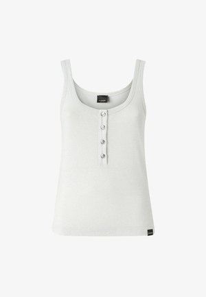 Top sin mangas de color gris claro, con canalé y escote redondeado, que presenta una tapeta de botones con cuatro botones y una etiqueta de logo en el dobladillo.