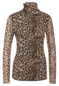 Halenka s leopardím potiskem, vyrobená z lehké tkaniny, s vysokým límcem a dlouhými rukávy s hladkou, poloprůsvitnou texturou.