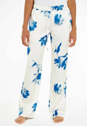 Weiße Blumenhose mit blauem Blumenmuster, elastischem Bund, Kordelzugdetails und weitem Bein für eine lockere Passform.