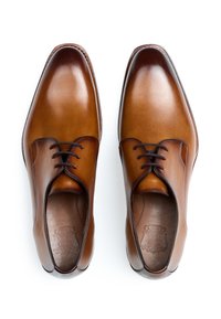 Brune lædersko til kjole med en glat tekstur, rundet tåform, lukket snørlukning og diskrete syningsdetaljer. Ingen synlige mønstre.