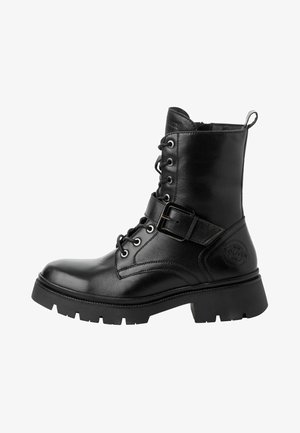 Black leather ankle boot with a round toe, lace-up front, adjustable strap, and rugged sole. Accented with logo on the side.
