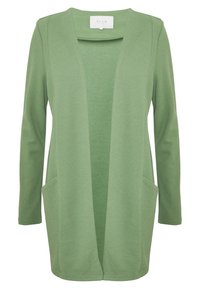 Cardigan a maniche lunghe in un tessuto leggero verde chiaro, con una texture. Con apertura frontale e due tasche laterali. Design semplice, senza chiusure visibili o fantasie.