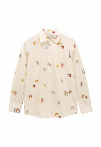 White button-up shirt with vibrant food and object prints, including croissants and an Eiffel Tower, features long sleeves and a classic collar.