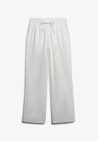 Pantalon blanc à jambes larges avec ceinture élastique et cordon, doté de poches latérales, présenté sur un fond uni.
