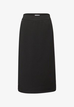 Jupe noire mi-longue au genou avec une texture lisse, taille élastique et design simple. Présente un petit accent sur la couture latérale.