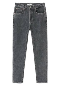 Jean en denim noir avec une coupe droite, cinq poches, rivets en cuivre et une texture lisse. Coutures minimales et design classique.