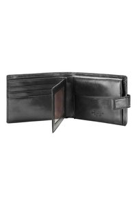 Black leather wallet with multiple card slots, a transparent ID window, and a secure flap closure. Smooth texture and minimalist design.