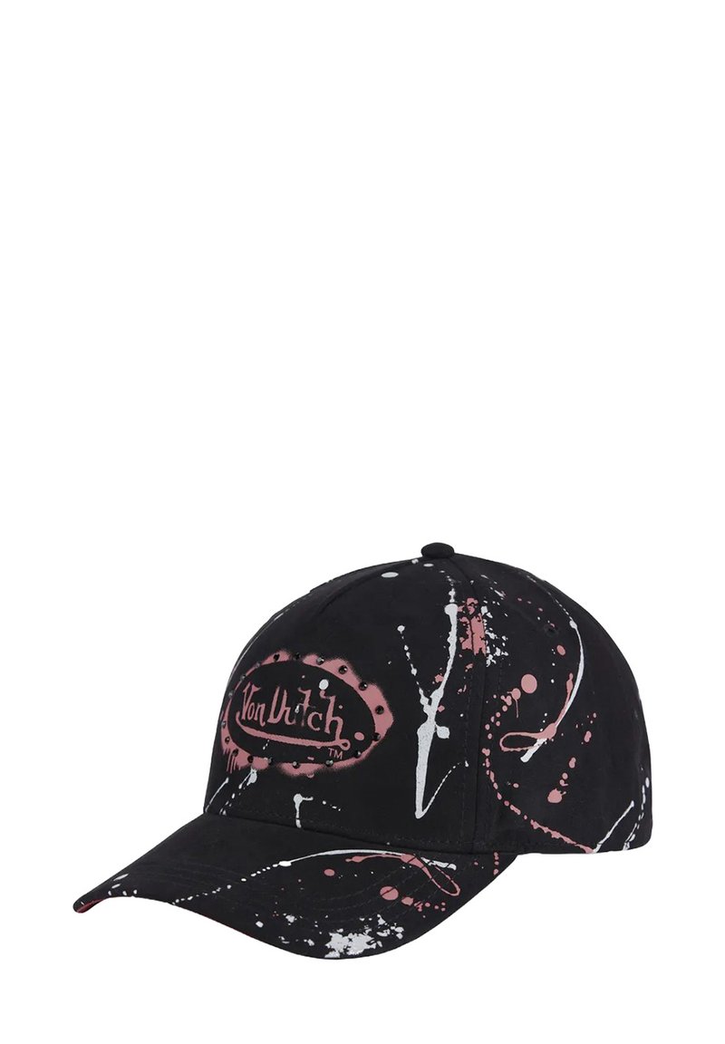 Gorra de béisbol negra con un patrón de salpicaduras en rosa y blanco. Presenta una corona redondeada y un brim curvado. Nombre de la marca mostrado en la parte frontal.