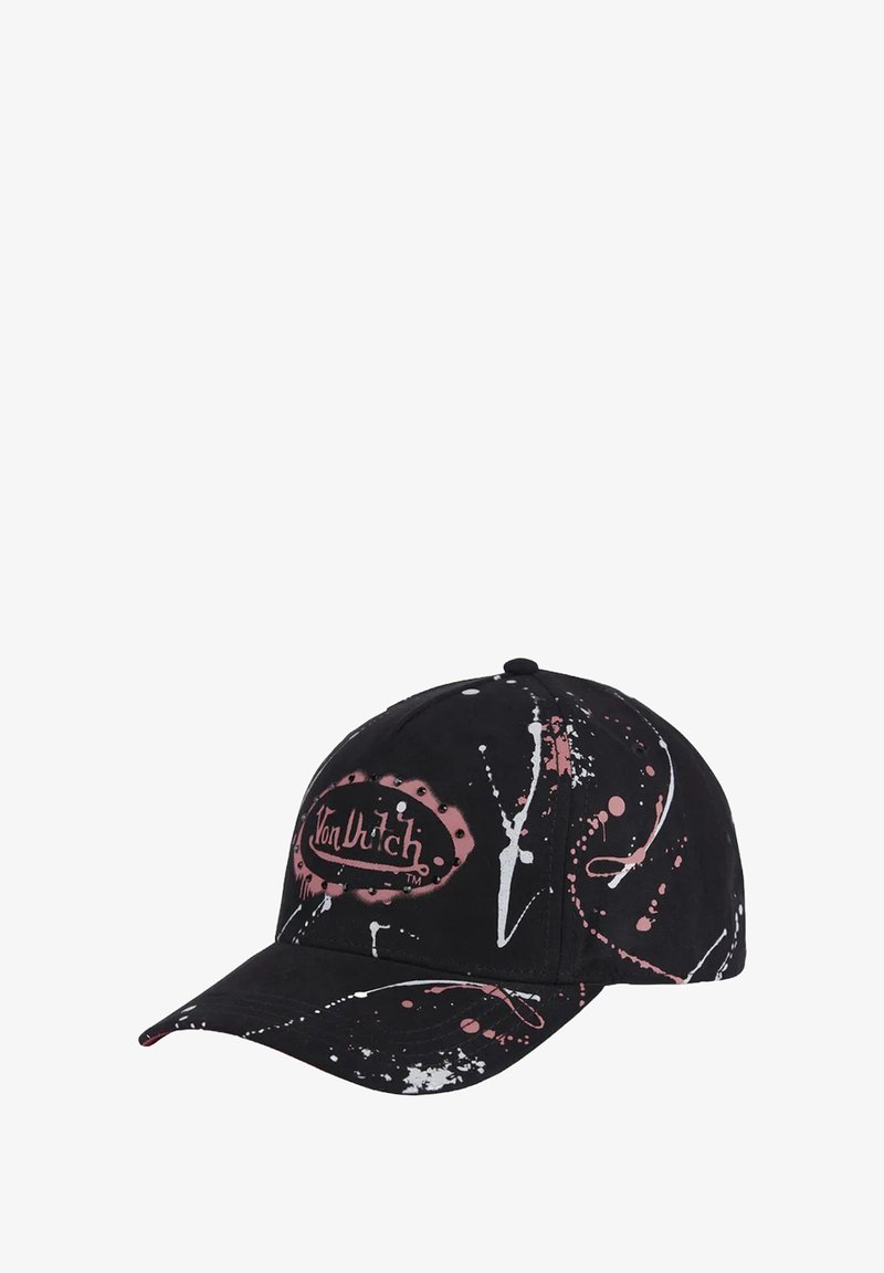 Gorra de béisbol negra con un patrón de salpicaduras en rosa y blanco. Presenta una corona redondeada y un brim curvado. Nombre de la marca mostrado en la parte frontal.