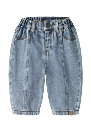 Pantalon en denim bleu clair pour tout-petits avec taille élastique, bouton devant et poches, présenté sur fond blanc.