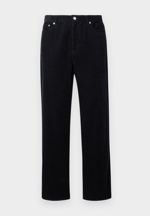 Pantalons en velours côtelé noir avec une coupe droite, dotés d'une fermeture à bouton et fermeture éclair, de cinq poches et d'un tissu doux et texturé.