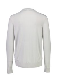 Maglione lavorato a maglia grigio chiaro, a maniche lunghe, con colletto tondo, polsini e orlo a costine; texture liscia con dettagli minimi. Vista posteriore mostrata.