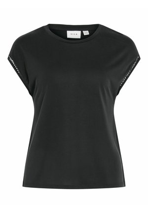 Top nero a maniche corte con scollo rotondo e dettagli sottili in pizzo lungo i bordi delle maniche, marchio VILA.