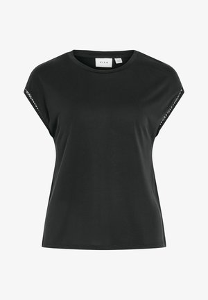 Must musta lühikeste varrukatega top ümmarguse kaelusega ja õrnade pitsdetailidega varruka servadel, märgistatud VILA kaubamärgiga.