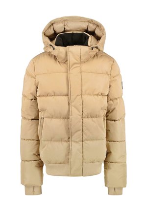 Beige puffer jacket with a hood, featuring horizontal quilted sections, front zip pockets, and ribbed cuffs and hem. Smooth texture.