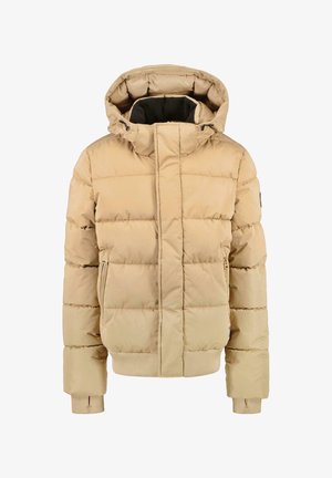 Beige puffer jacket with a hood, featuring horizontal quilted sections, front zip pockets, and ribbed cuffs and hem. Smooth texture.