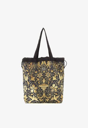 Borsa tote nera con manici lunghi caratterizzata da intricati motivi floreali e di uccelli dorati e da un motivo centrale a corona.