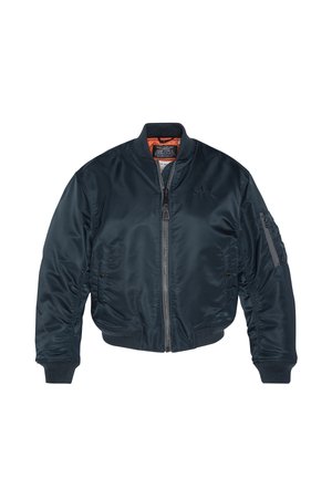 Veste bomber bleu foncé avec fermeture éclair sur le devant, poignets et ourlet côtelés, poches latérales et poche zippée sur la manche gauche.