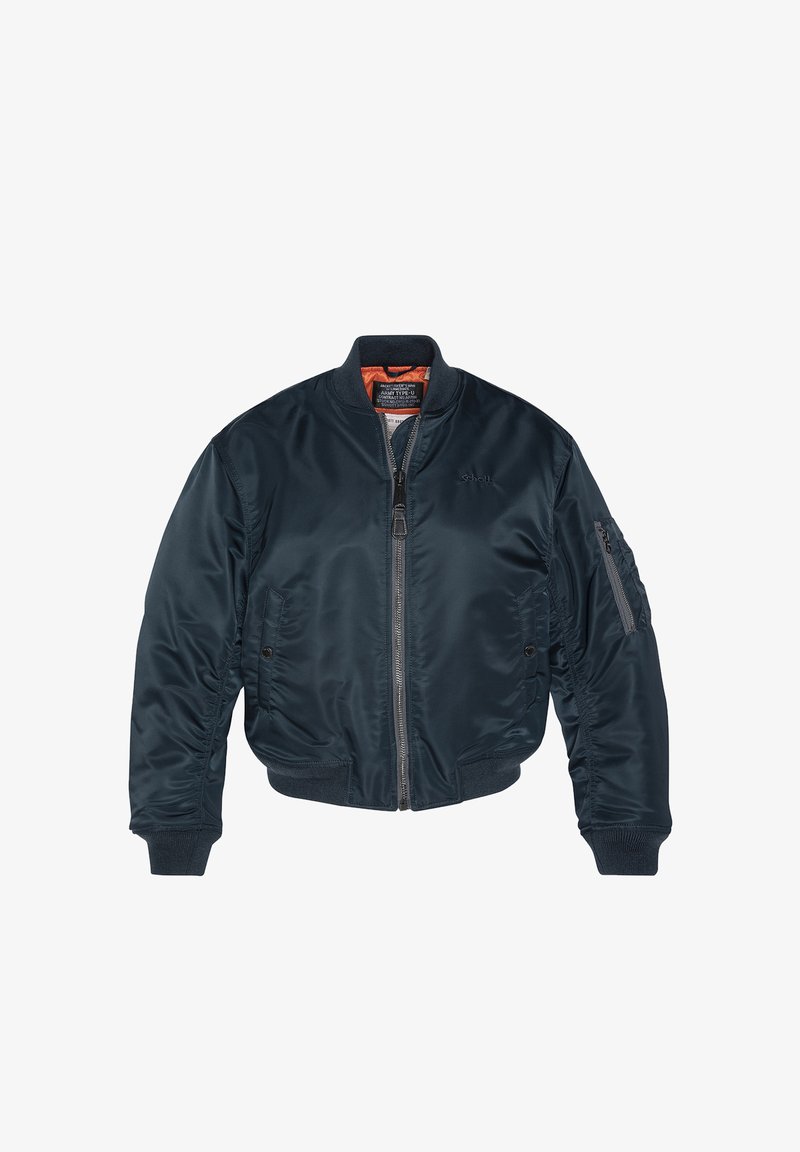 Veste bomber bleu foncé avec fermeture éclair sur le devant, poignets et ourlet côtelés, poches latérales et poche zippée sur la manche gauche.