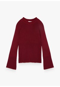 Rippstrickpullover in Dunkelrot mit Rundhalsausschnitt und ausladenden langen Ärmeln. Weicher Griff und lockere Passform mit geradem Saum.