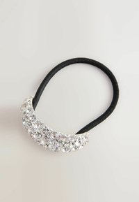 Schwarzes elastisches Haargummi mit einem gebogenen Band, das mit mehreren klaren Strasssteinen verziert ist und einen funkelnenden Akzent setzt.