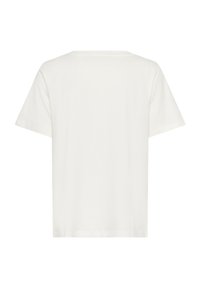 T-shirt blanc à manches courtes en coton. Présente une coupe droite avec un col rond et une texture lisse et uniforme. Vue de dos présentée.