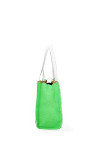 Borsa a rete verde con manici sintetici bianchi; presenta un bordo superiore scallopato e una superficie testurizzata per la traspirabilità.