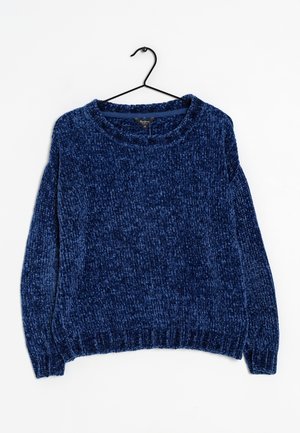 Pull en chenille bleu marine à manches longues avec poignets et ourlet côtelés, suspendu sur un cintre noir sur fond blanc.