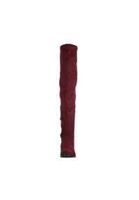 Bottes bourgogne au-dessus du genou en suède doux, avec un design épuré, fermeture éclair latérale et bout arrondi, dotées d'une semelle plate noire.